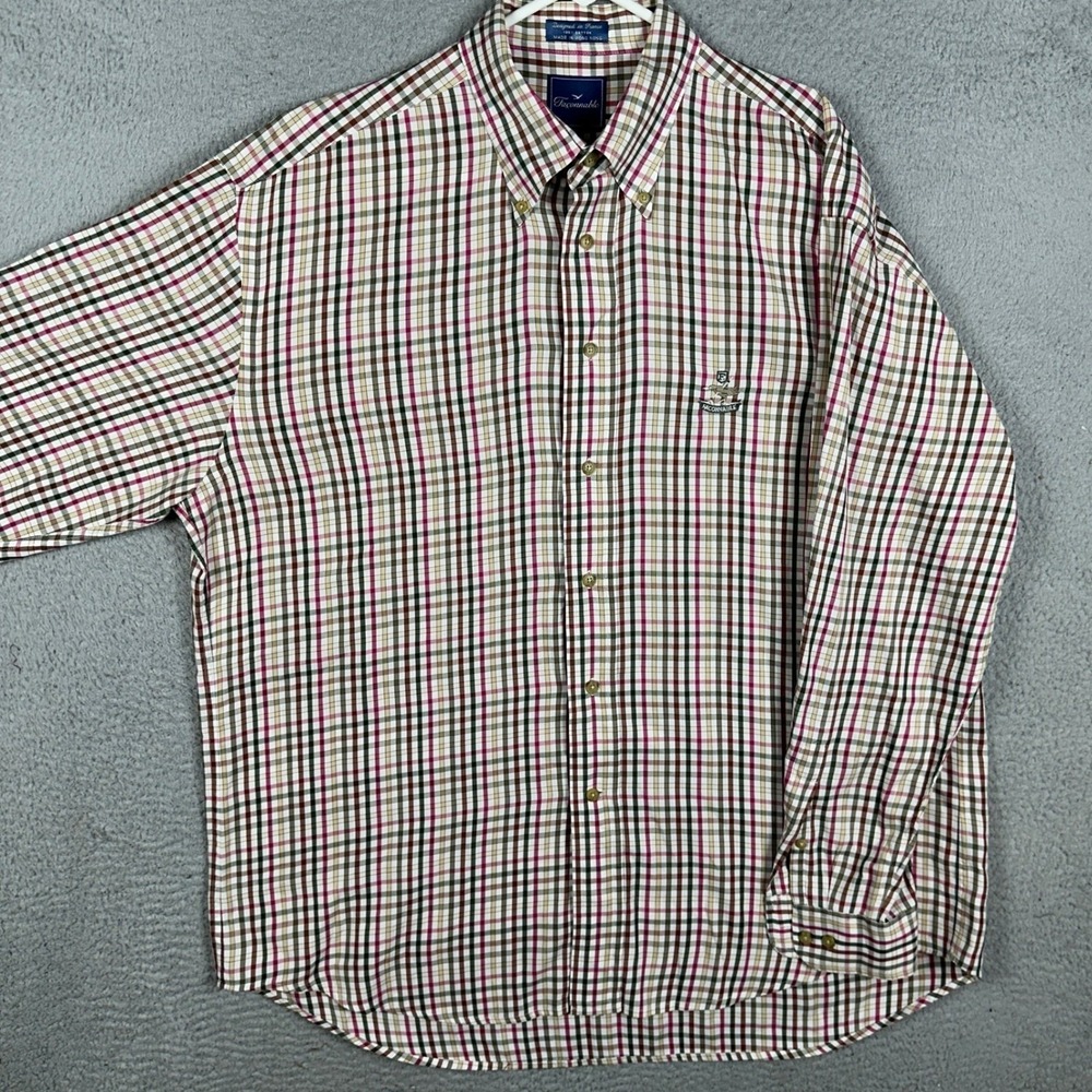 Faconnable Shirt Mens XL Pink Green Button Down Check Long Sleeve Casual Logo